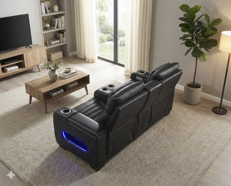 Cyber Black Power Double Reclining Loveseat with Center Console ,Cup Holders, Wireless Speakers with Sub-Woofer and LED Lighting from Homelegance - Luna Furniture