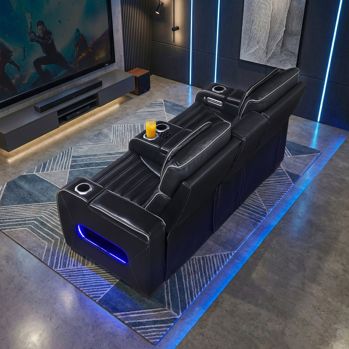 Cyber Black Power Double Reclining Loveseat with Center Console ,Cup Holders, Wireless Speakers with Sub-Woofer and LED Lighting from Homelegance - Luna Furniture