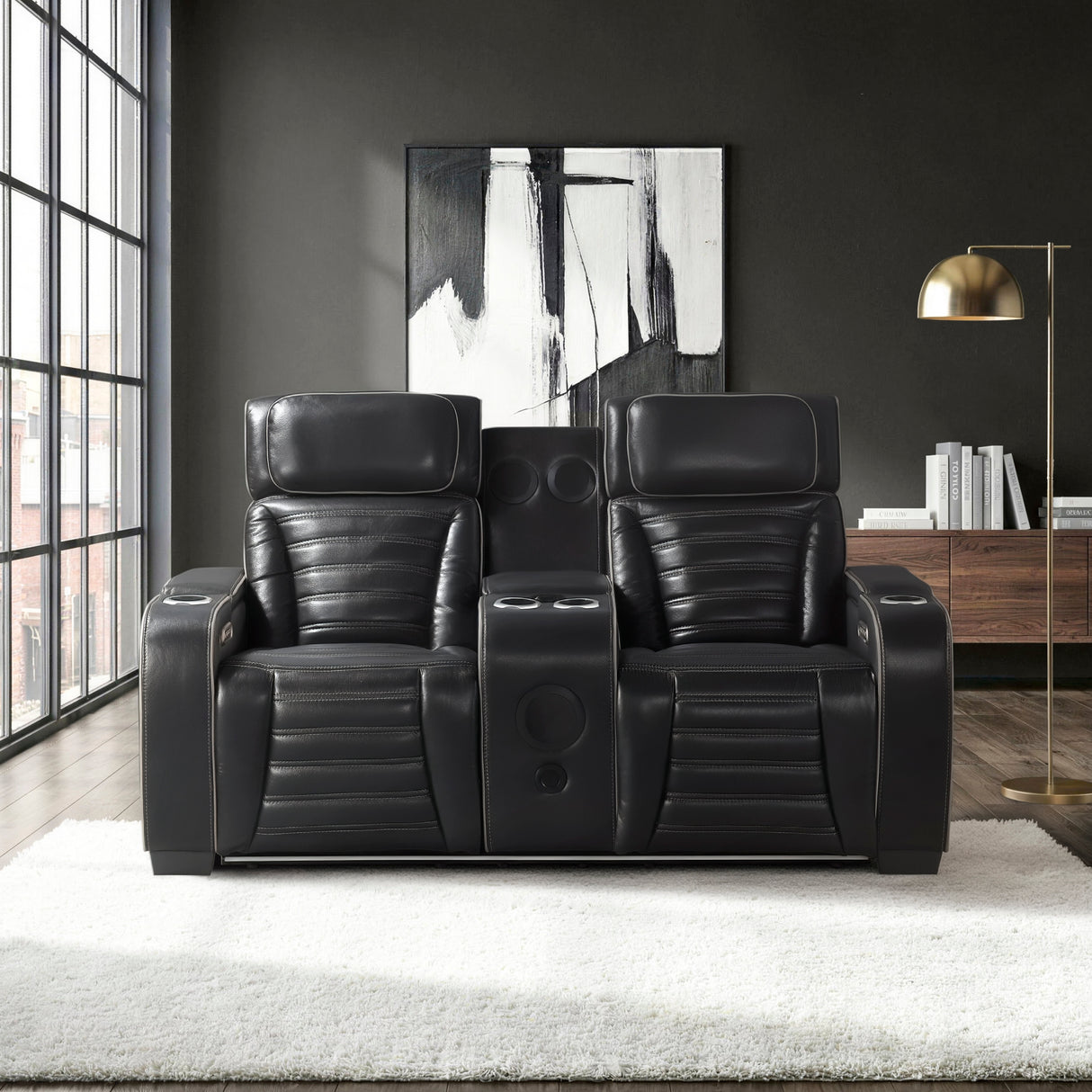 Cyber Black Power Double Reclining Loveseat with Center Console ,Cup Holders, Wireless Speakers with Sub-Woofer and LED Lighting from Homelegance - Luna Furniture