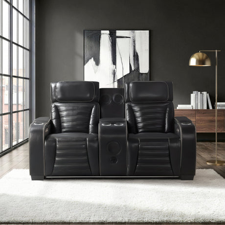 Cyber Black Power Double Reclining Loveseat with Center Console ,Cup Holders, Wireless Speakers with Sub-Woofer and LED Lighting from Homelegance - Luna Furniture