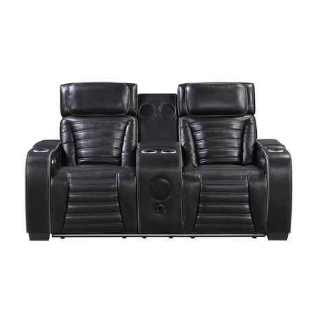 Cyber Black Power Double Reclining Loveseat with Center Console ,Cup Holders, Wireless Speakers with Sub-Woofer and LED Lighting from Homelegance - Luna Furniture