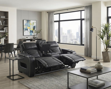 Cyber Black Power Double Reclining Loveseat with Center Console ,Cup Holders, Wireless Speakers with Sub-Woofer and LED Lighting from Homelegance - Luna Furniture
