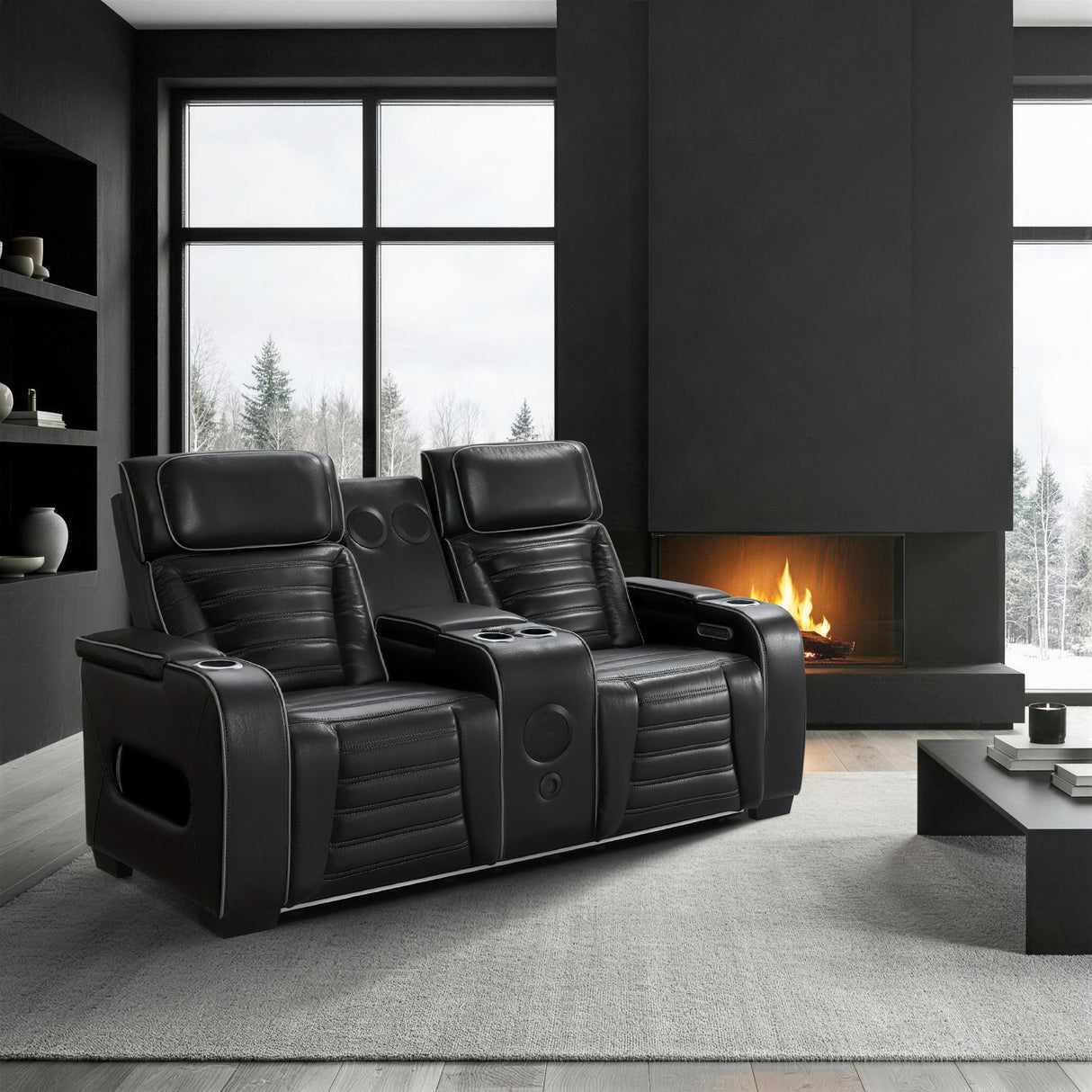Cyber Black Power Double Reclining Loveseat with Center Console ,Cup Holders, Wireless Speakers with Sub-Woofer and LED Lighting from Homelegance - Luna Furniture