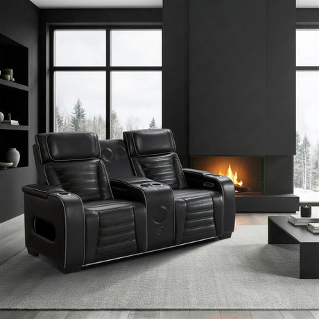 Cyber Black Power Double Reclining Loveseat with Center Console ,Cup Holders, Wireless Speakers with Sub-Woofer and LED Lighting from Homelegance - Luna Furniture
