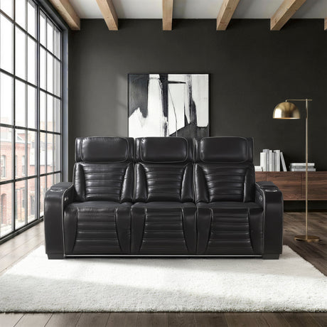 Cyber Black Power Double Reclining Sofa with Center Drop-Down, Cup Holders, Wireless Charger and LED Lighting from Homelegance - Luna Furniture
