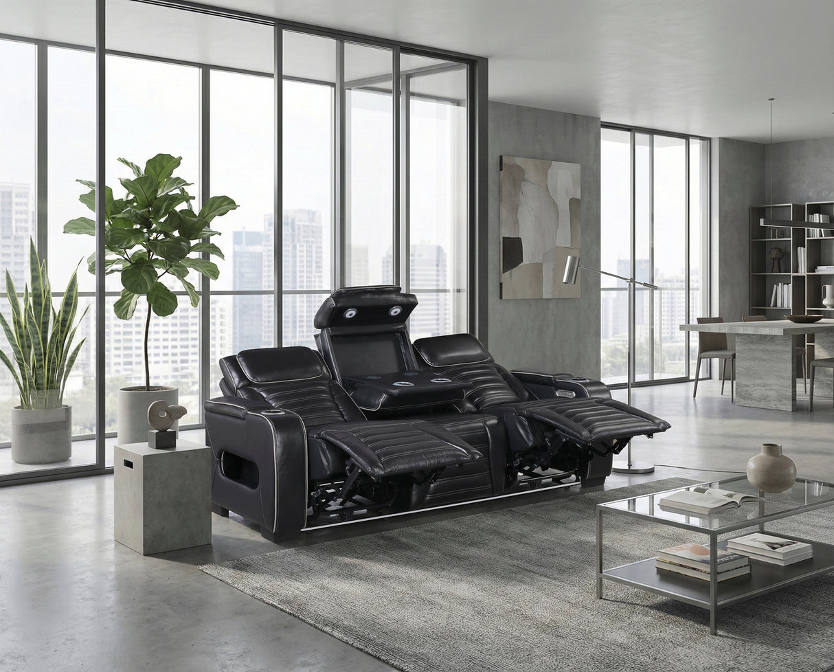 Cyber Black Power Double Reclining Sofa with Center Drop-Down, Cup Holders, Wireless Charger and LED Lighting from Homelegance - Luna Furniture