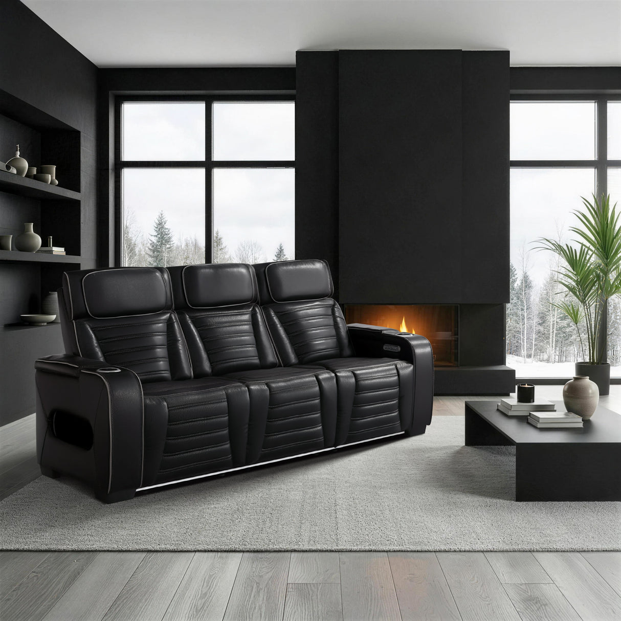 Cyber Black Power Double Reclining Sofa with Center Drop-Down, Cup Holders, Wireless Charger and LED Lighting from Homelegance - Luna Furniture