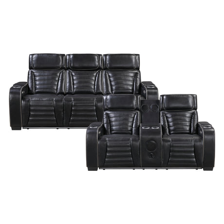 Cyber Black Power Double Reclining Loveseat with Center Console ,Cup Holders, Wireless Speakers with Sub-Woofer and LED Lighting from Homelegance - Luna Furniture