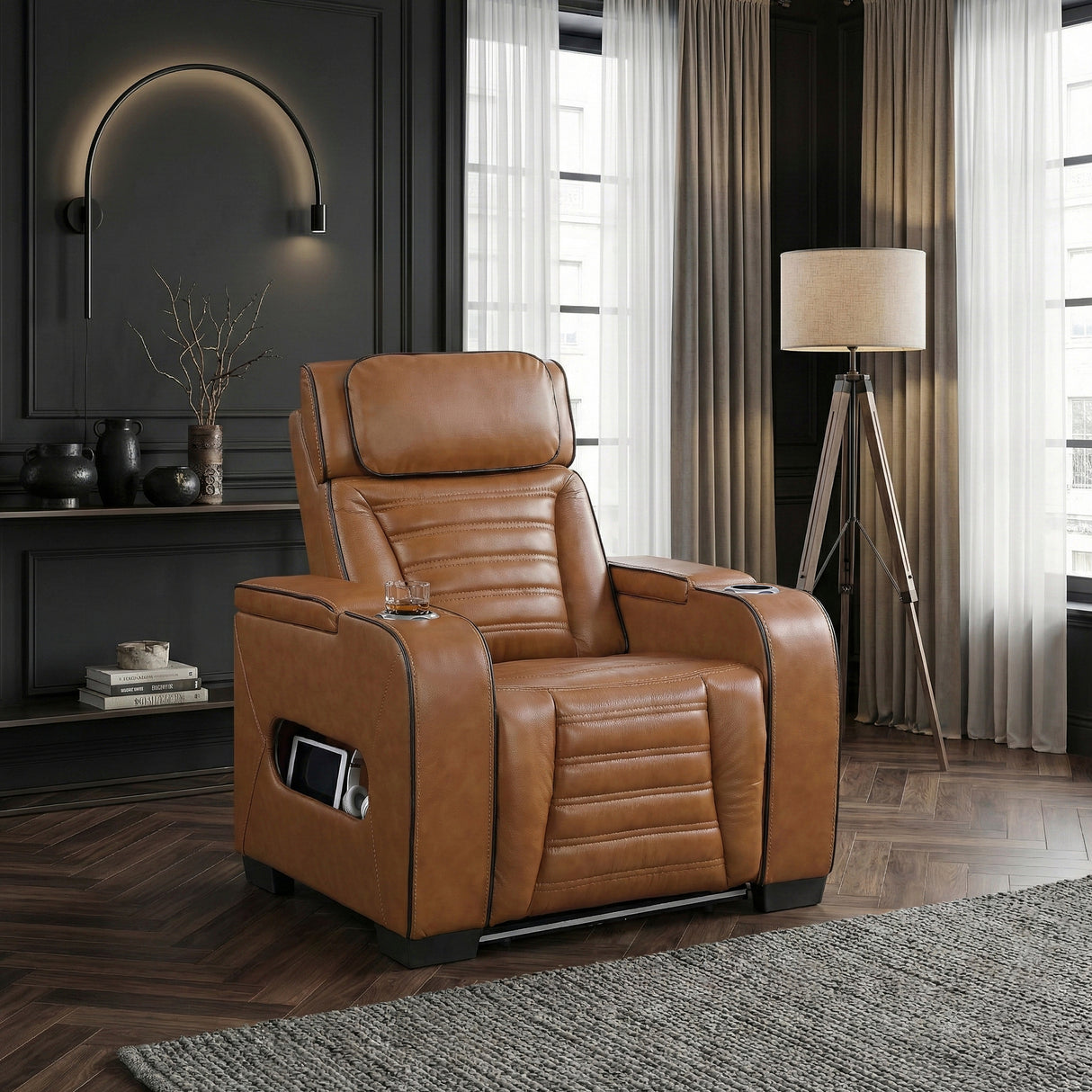 Cyber Brown Power Reclining Chair with Power Headrest, Cup holder, Charging Ports and LED Lighting from Homelegance - Luna Furniture