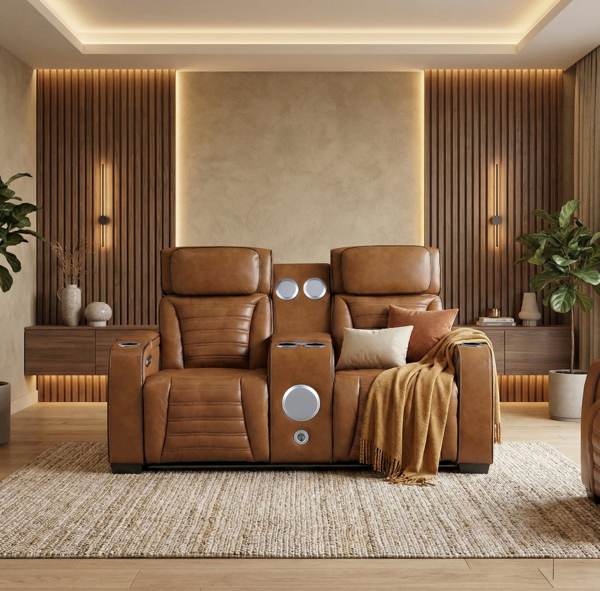 Cyber Brown Power Double Reclining Loveseat with Center Console ,Cup Holders, Wireless Speakers with Sub-Woofer and LED Lighting from Homelegance - Luna Furniture