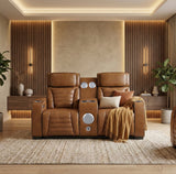 Cyber Brown Power Double Reclining Loveseat with Center Console ,Cup Holders, Wireless Speakers with Sub-Woofer and LED Lighting from Homelegance - Luna Furniture