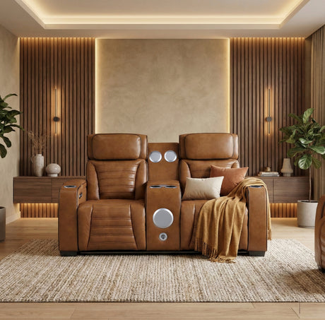 Cyber Brown Power Double Reclining Loveseat with Center Console ,Cup Holders, Wireless Speakers with Sub-Woofer and LED Lighting from Homelegance - Luna Furniture