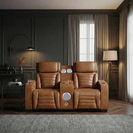 Cyber Brown Power Double Reclining Loveseat with Center Console ,Cup Holders, Wireless Speakers with Sub-Woofer and LED Lighting from Homelegance - Luna Furniture
