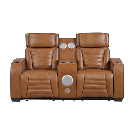 Cyber Brown Power Double Reclining Loveseat with Center Console ,Cup Holders, Wireless Speakers with Sub-Woofer and LED Lighting from Homelegance - Luna Furniture