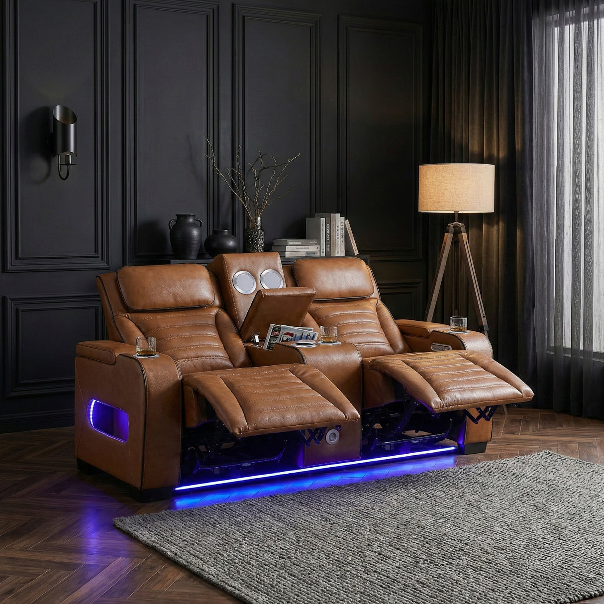 Cyber Brown Power Double Reclining Loveseat with Center Console ,Cup Holders, Wireless Speakers with Sub-Woofer and LED Lighting from Homelegance - Luna Furniture