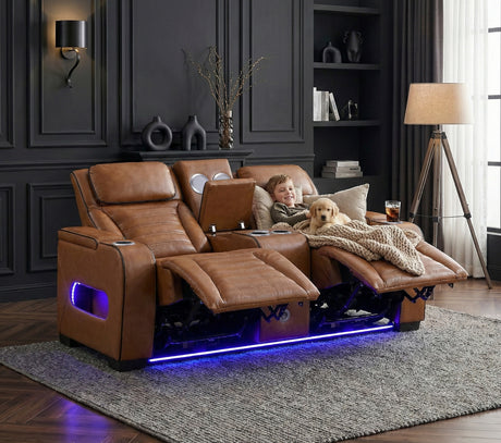 Cyber Brown Power Double Reclining Loveseat with Center Console ,Cup Holders, Wireless Speakers with Sub-Woofer and LED Lighting from Homelegance - Luna Furniture