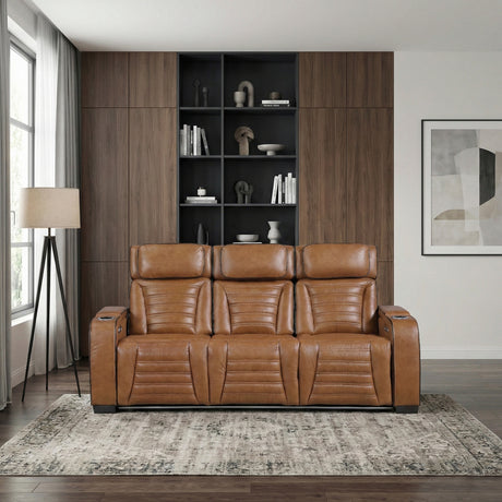 Cyber Brown Power Double Reclining Sofa with Center Drop-Down, Cup Holders, Wireless Charger and LED Lighting from Homelegance - Luna Furniture