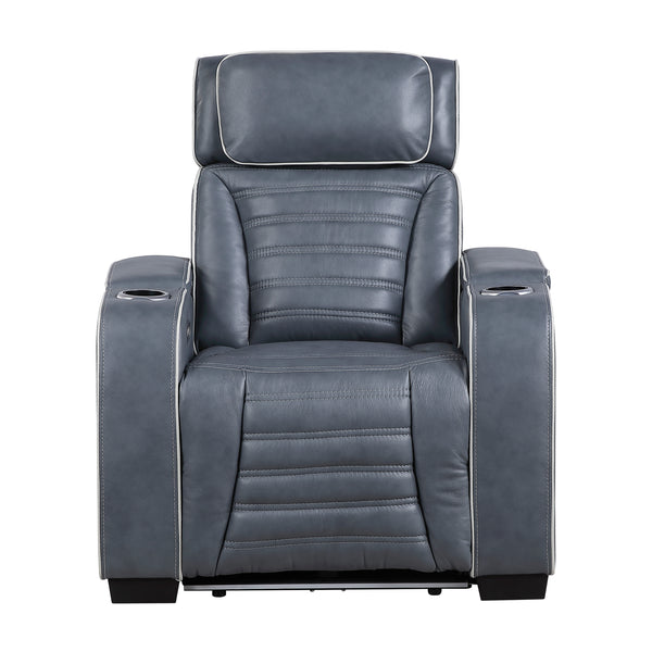 Cyber Blue Power Reclining Chair with Power Headrest, Cup holder, Charging Ports and LED Lighting