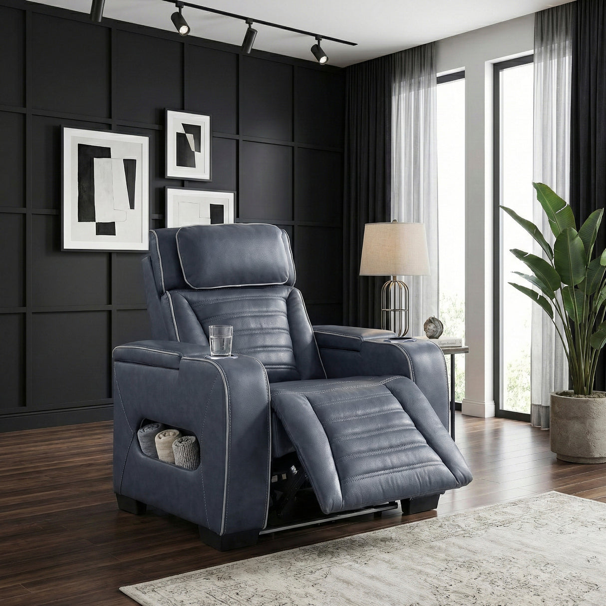 Cyber Blue Power Reclining Chair with Power Headrest, Cup holder, Charging Ports and LED Lighting from Homelegance - Luna Furniture