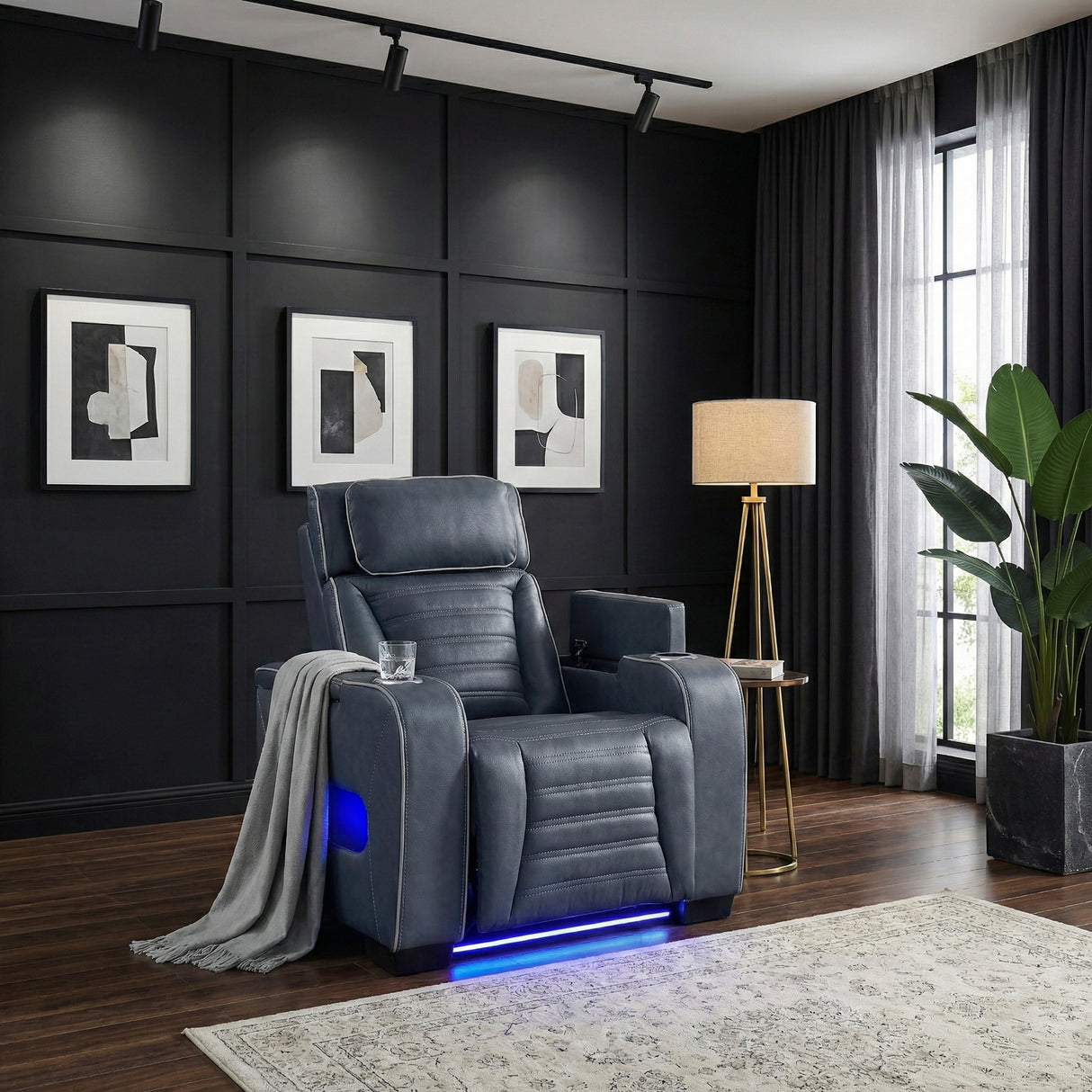 Cyber Blue Power Reclining Chair with Power Headrest, Cup holder, Charging Ports and LED Lighting from Homelegance - Luna Furniture