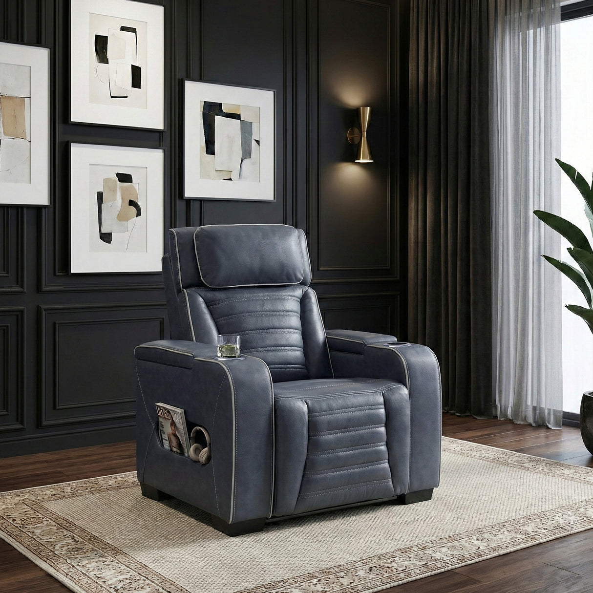 Cyber Blue Power Reclining Chair with Power Headrest, Cup holder, Charging Ports and LED Lighting from Homelegance - Luna Furniture