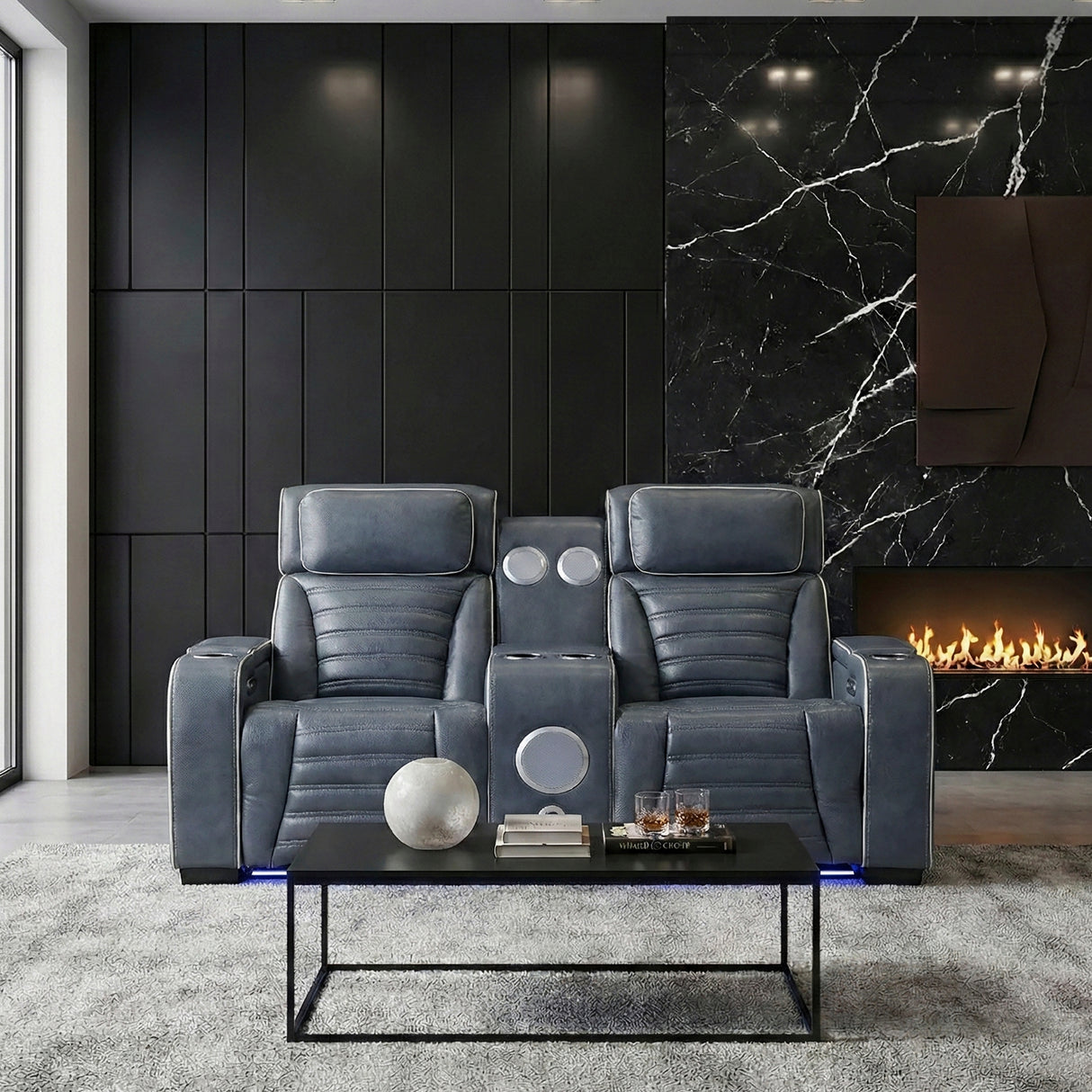 Cyber Blue Power Double Reclining Loveseat with Center Console ,Cup Holders, Wireless Speakers with Sub-Woofer and LED Lighting from Homelegance - Luna Furniture