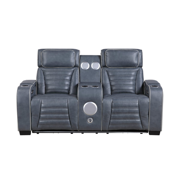Cyber Blue Power Double Reclining Loveseat with Center Console ,Cup Holders, Wireless Speakers with Sub-Woofer and LED Lighting
