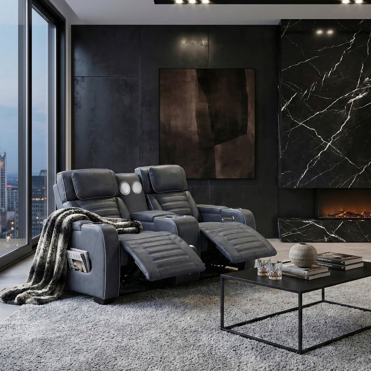 Cyber Blue Power Double Reclining Loveseat with Center Console ,Cup Holders, Wireless Speakers with Sub-Woofer and LED Lighting from Homelegance - Luna Furniture