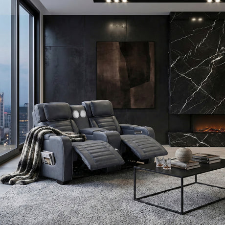 Cyber Blue Power Double Reclining Loveseat with Center Console ,Cup Holders, Wireless Speakers with Sub-Woofer and LED Lighting from Homelegance - Luna Furniture