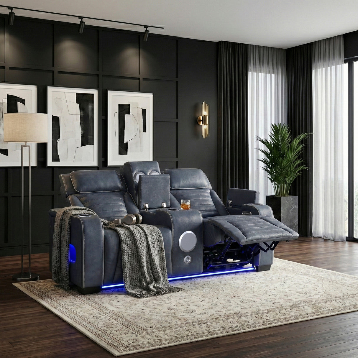 Cyber Blue Power Double Reclining Loveseat with Center Console ,Cup Holders, Wireless Speakers with Sub-Woofer and LED Lighting from Homelegance - Luna Furniture