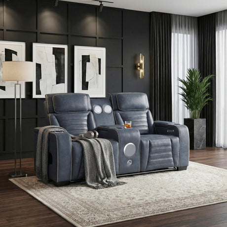 Cyber Blue Power Double Reclining Loveseat with Center Console ,Cup Holders, Wireless Speakers with Sub-Woofer and LED Lighting from Homelegance - Luna Furniture