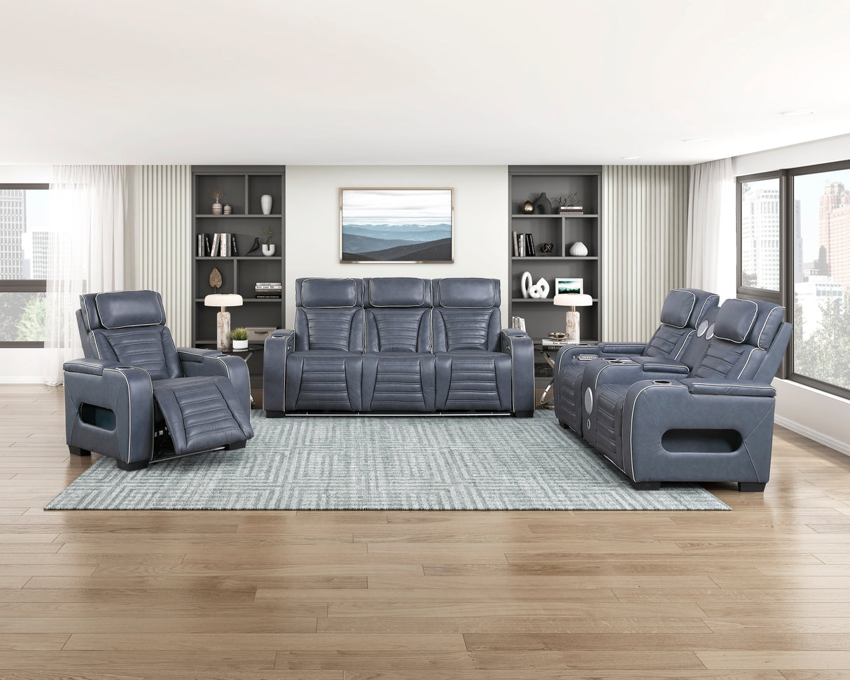 Cyber Blue Power Double Reclining Loveseat with Center Console ,Cup Holders, Wireless Speakers with Sub-Woofer and LED Lighting from Homelegance - Luna Furniture