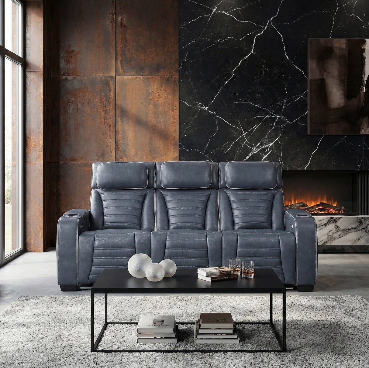 Cyber Blue Power Double Reclining Sofa with Center Drop-Down, Cup Holders, Wireless Charger and LED Lighting from Homelegance - Luna Furniture