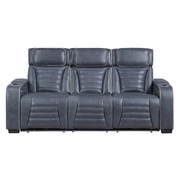 Cyber Blue Power Double Reclining Sofa with Center Drop-Down, Cup Holders, Wireless Charger and LED Lighting