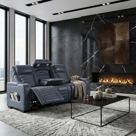 Cyber Blue Power Double Reclining Sofa with Center Drop-Down, Cup Holders, Wireless Charger and LED Lighting from Homelegance - Luna Furniture