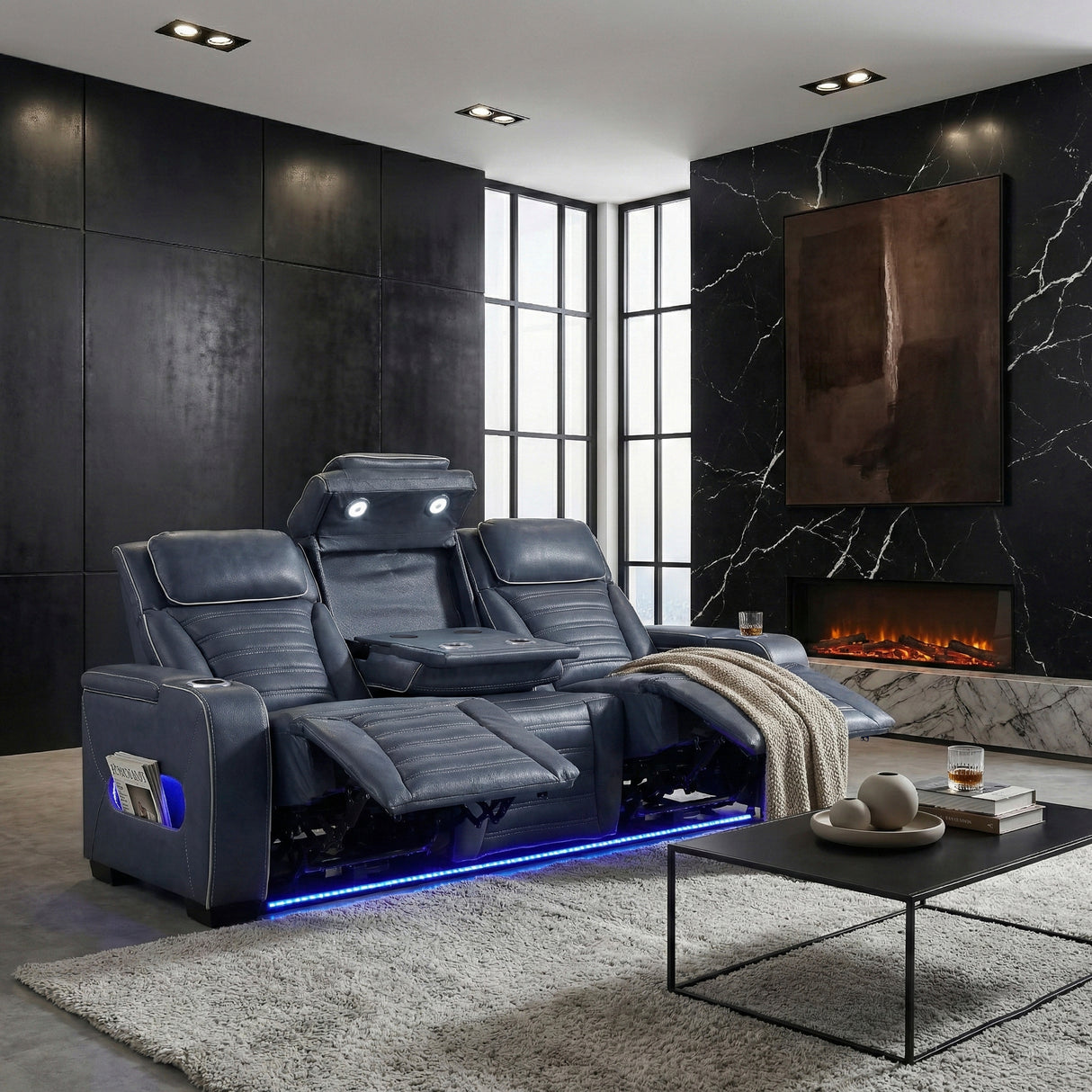 Cyber Blue Power Double Reclining Sofa with Center Drop-Down, Cup Holders, Wireless Charger and LED Lighting from Homelegance - Luna Furniture