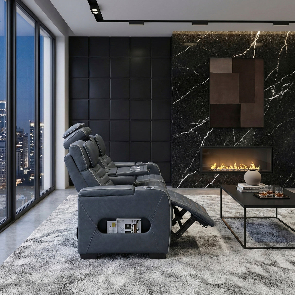 Cyber Blue Power Double Reclining Sofa with Center Drop-Down, Cup Holders, Wireless Charger and LED Lighting from Homelegance - Luna Furniture