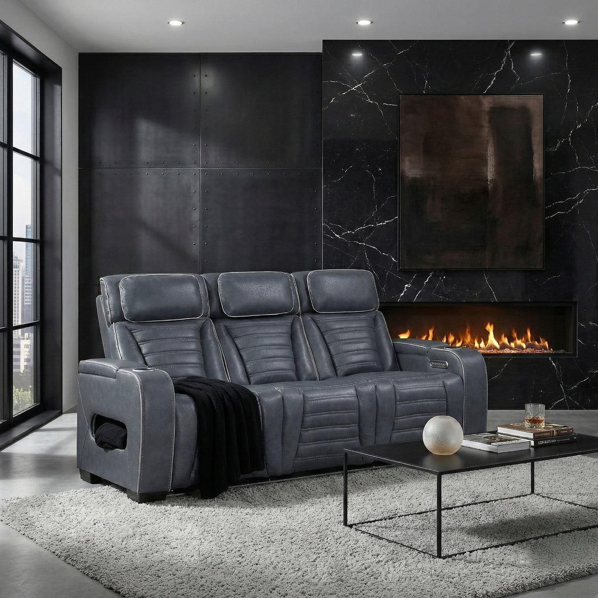 Cyber Blue Power Double Reclining Sofa with Center Drop-Down, Cup Holders, Wireless Charger and LED Lighting from Homelegance - Luna Furniture