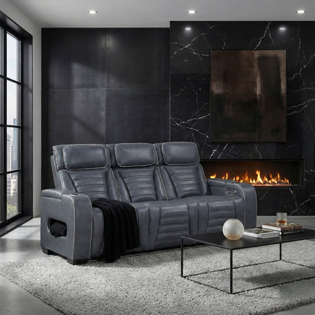 Cyber Blue Power Double Reclining Sofa with Center Drop-Down, Cup Holders, Wireless Charger and LED Lighting from Homelegance - Luna Furniture