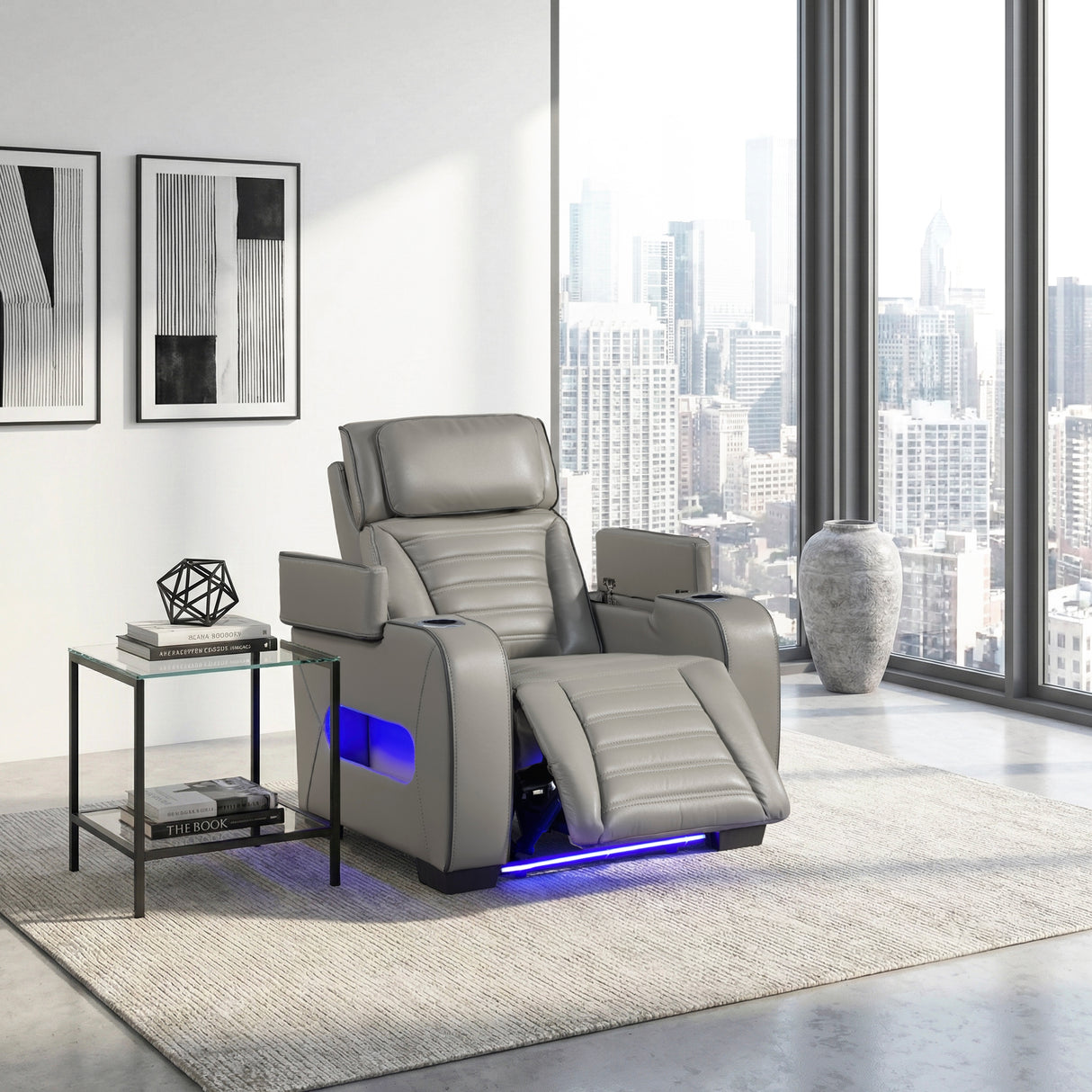 Cyber Gray Power Reclining Chair with Power Headrest, Cup holder, Charging Ports and LED Lighting from Homelegance - Luna Furniture