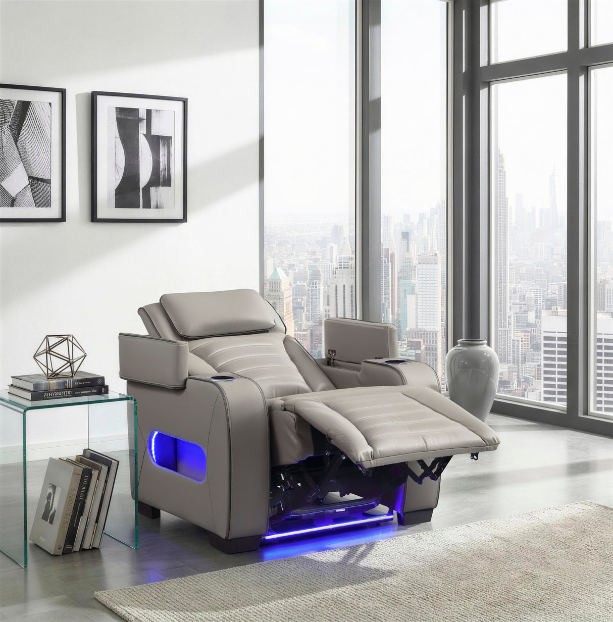 Cyber Gray Power Reclining Chair with Power Headrest, Cup holder, Charging Ports and LED Lighting from Homelegance - Luna Furniture