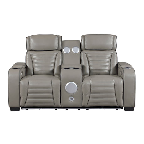 Cyber Gray Power Double Reclining Loveseat with Center Console ,Cup Holders, Wireless Speakers with Sub-Woofer and LED Lighting from Homelegance - Luna Furniture
