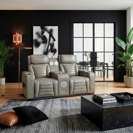 Cyber Gray Power Double Reclining Loveseat with Center Console ,Cup Holders, Wireless Speakers with Sub-Woofer and LED Lighting from Homelegance - Luna Furniture