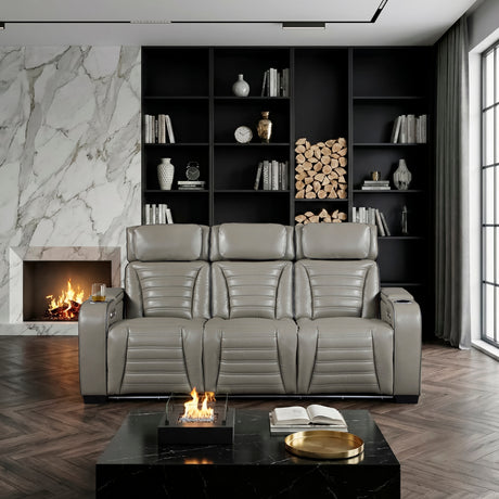 Cyber Gray Power Double Reclining Sofa with Center Drop-Down, Cup Holders, Wireless Charger and LED Lighting from Homelegance - Luna Furniture