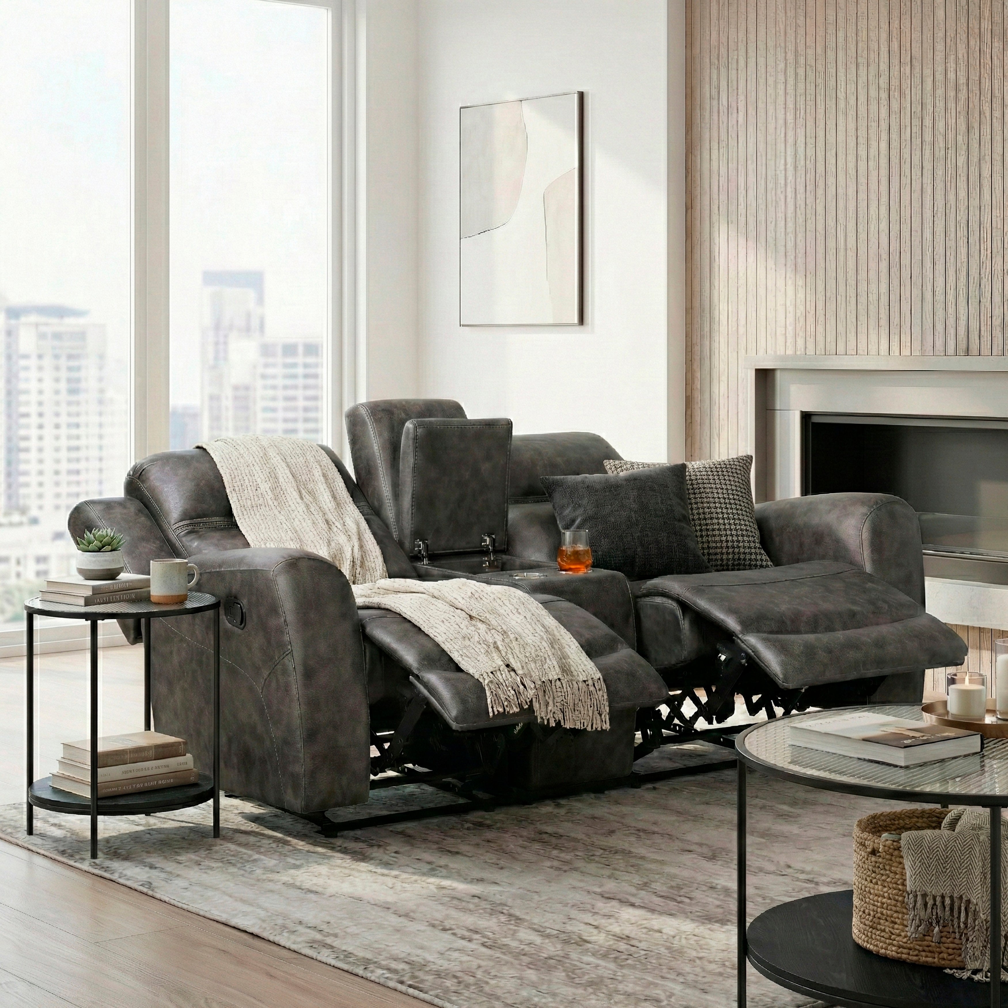 Homelegance Hearth Charcoal Double Reclining Loveseat with Center