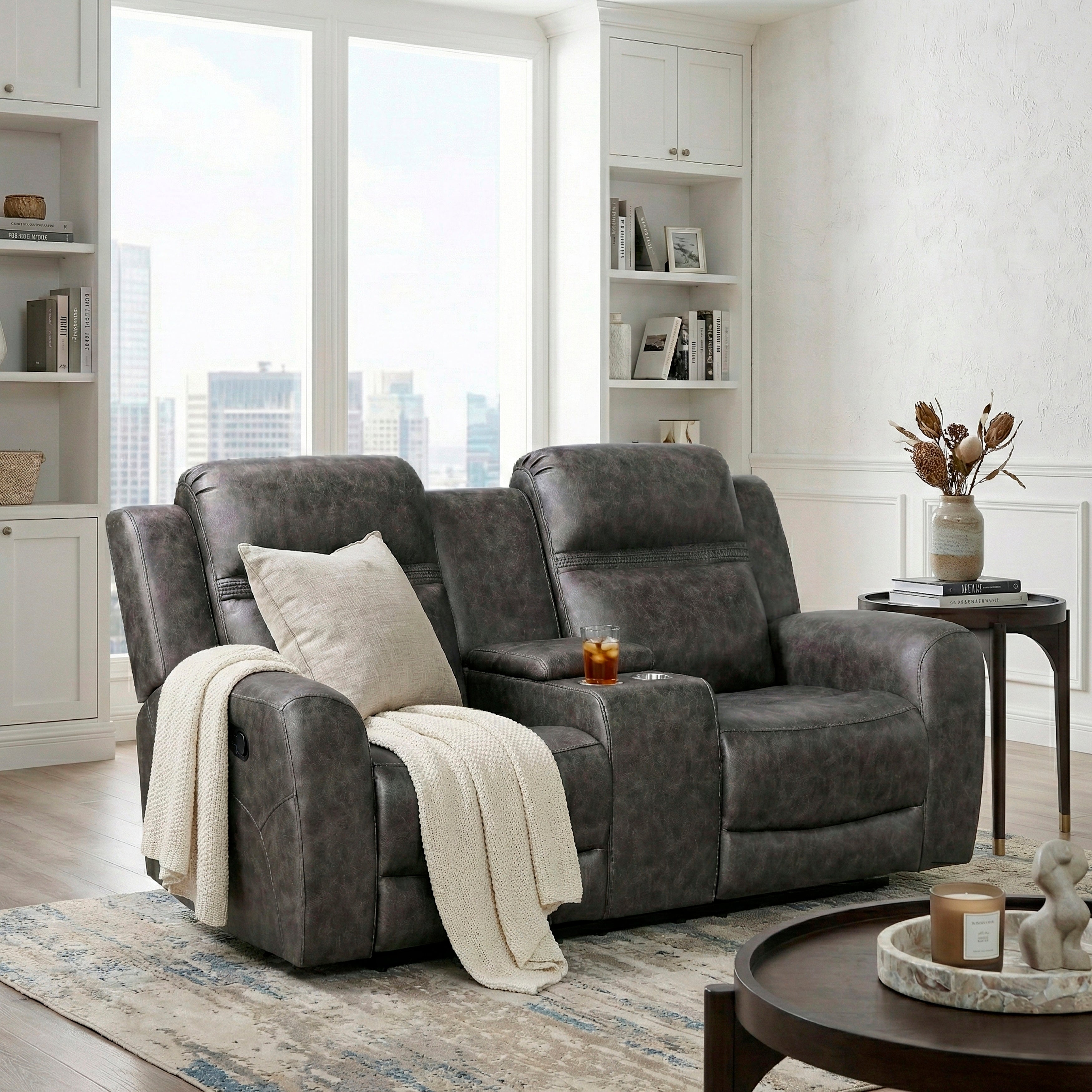 Homelegance Hearth Charcoal Double Reclining Loveseat with Center