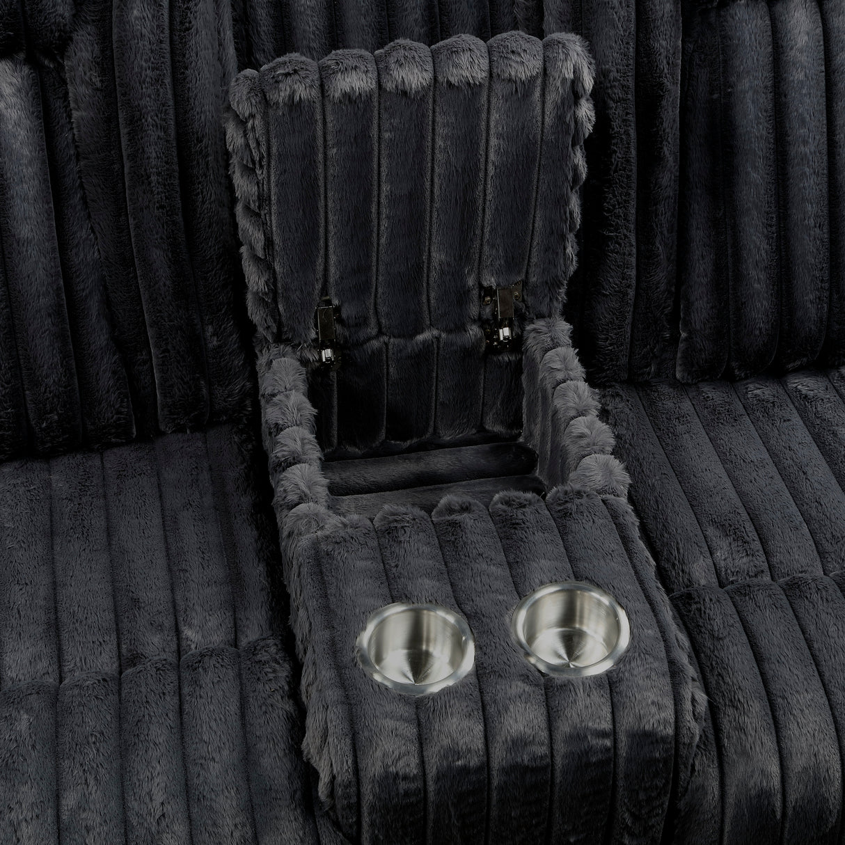 Phyllis Black Corduroy Double Reclining Loveseat with Center Console and Cup Holders