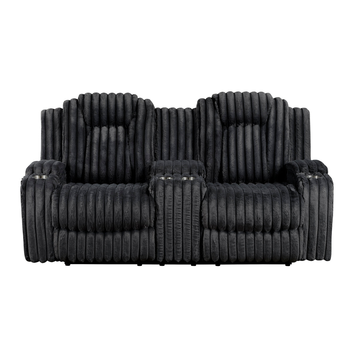 Phyllis Black Corduroy Double Reclining Loveseat with Center Console and Cup Holders