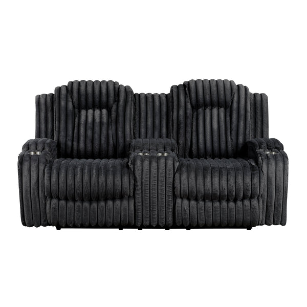 Phyllis Black Corduroy Double Reclining Loveseat with Center Console and Cup Holders