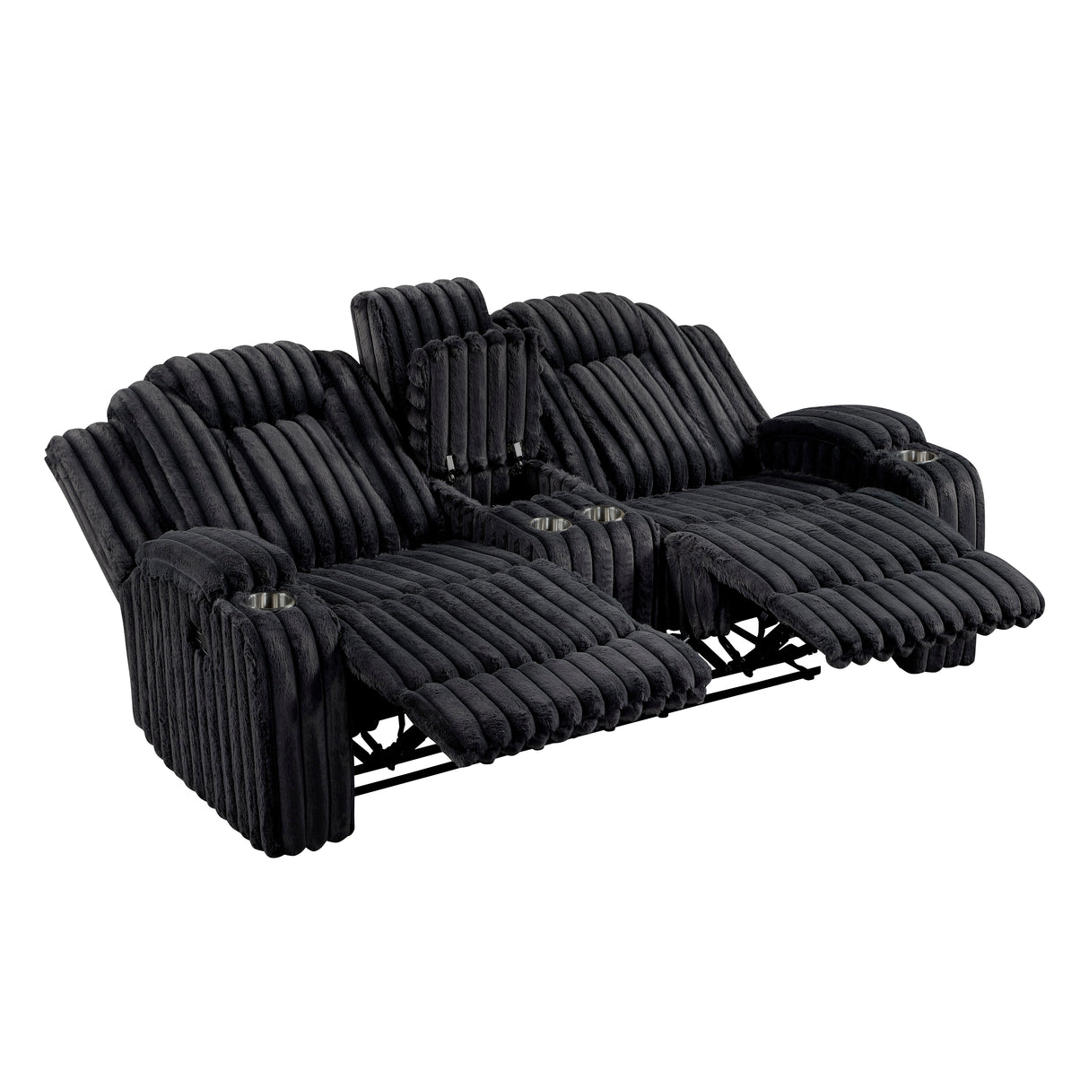 Phyllis Black Corduroy Double Reclining Loveseat with Center Console and Cup Holders
